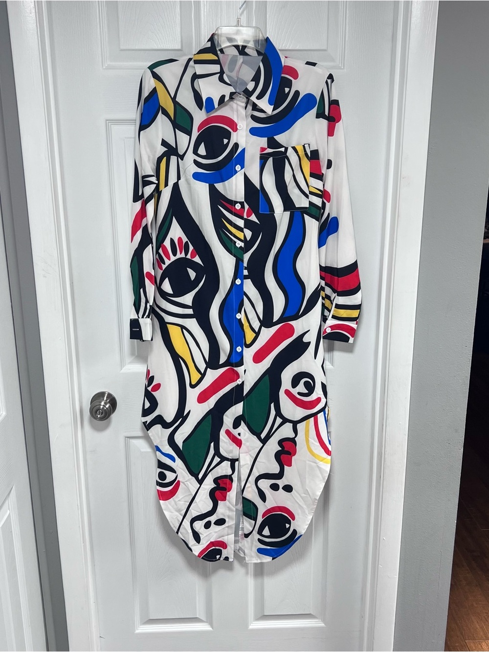 Abstract Multicolor Shirt Dress - White with Blue, Red, Green & Yellow Size S